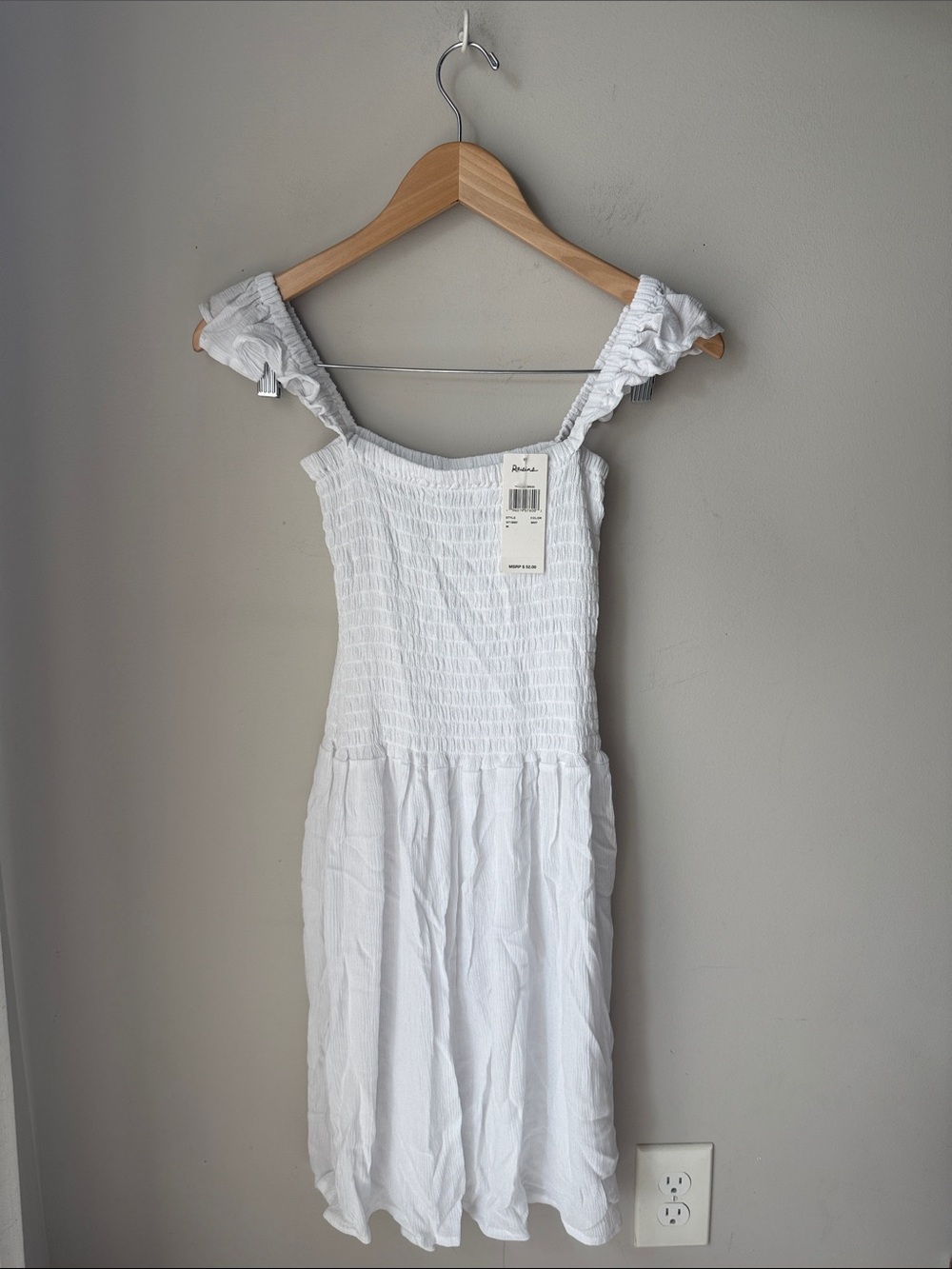 Raisins White Smocked Midi Dress Ruffle Strap Square Neck Cottagecore